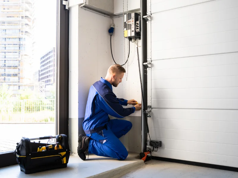 Professional technician repairing a garage door opener