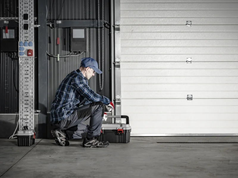Technician performing repairs on a commercial garage door