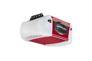 Red and white ceiling-mounted garage door opener