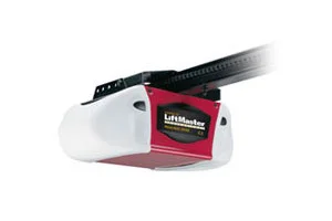 Red and white Chamberlain garage door opener unit